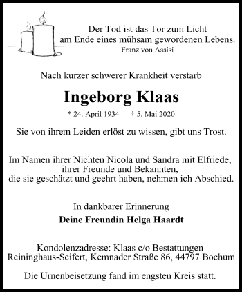 Traueranzeige von Ingeborg Klaas von trauer.wuppertaler-rundschau.de