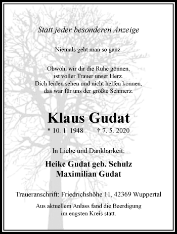 Traueranzeige von Klaus Gudat von trauer.wuppertaler-rundschau.de