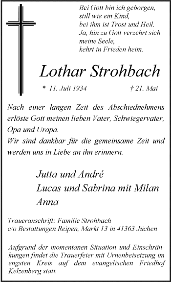 Traueranzeige von Lothar Strohbach von trauer.stadt-kurier.de