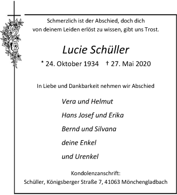 Traueranzeige von Lucie Schüller von trauer.extra-tipp-moenchengladbach.de