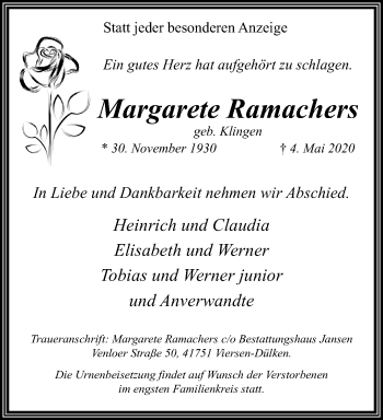 Traueranzeige von Margarete Ramachers von trauer.extra-tipp-moenchengladbach.de