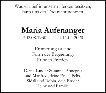 Traueranzeige von Maria Aufenanger von trauer.extra-tipp-moenchengladbach.de