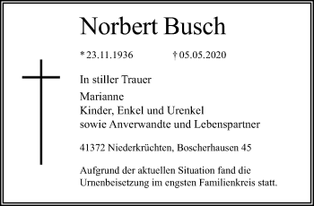 Traueranzeige von Norbert Busch von trauer.extra-tipp-moenchengladbach.de