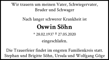 Traueranzeige von Oswin Söhn von trauer.wuppertaler-rundschau.de