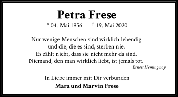 Traueranzeige von Petra Frese von trauer.wuppertaler-rundschau.de