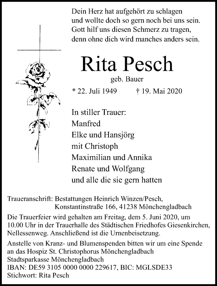  Traueranzeige für Rita Pesch vom 31.05.2020 aus trauer.extra-tipp-moenchengladbach.de