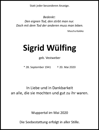 Traueranzeige von Sigrid Wülfing von trauer.wuppertaler-rundschau.de