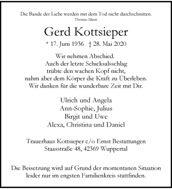 Traueranzeige von Gerd Kottsieper von trauer.wuppertaler-rundschau.de
