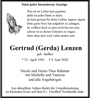 Traueranzeige von Gertrud Lenzen von trauer.extra-tipp-moenchengladbach.de