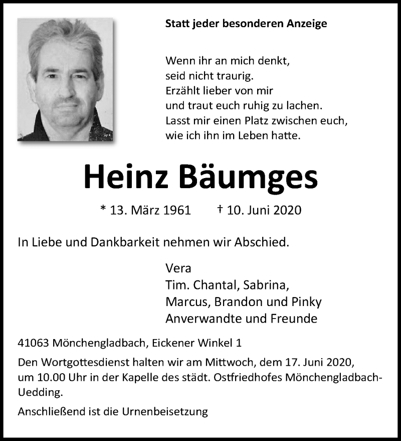  Traueranzeige für Heinz Bäumges vom 14.06.2020 aus trauer.extra-tipp-moenchengladbach.de