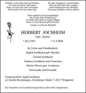 Traueranzeige von Herbert Jochheim von trauer.wuppertaler-rundschau.de