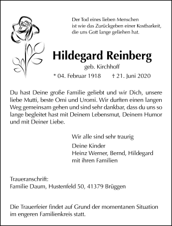 Traueranzeige von Hildegard Reinberg von trauer.extra-tipp-moenchengladbach.de