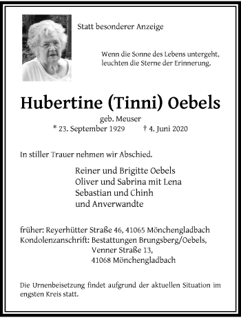 Traueranzeige von Hubertine Oebels von trauer.extra-tipp-moenchengladbach.de