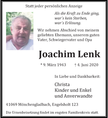 Traueranzeige von Joachim Lenk von trauer.extra-tipp-moenchengladbach.de