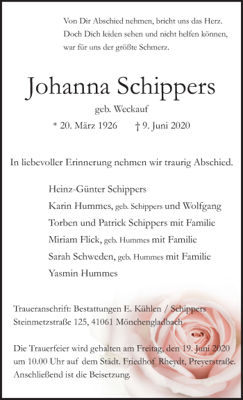 Traueranzeige von Johanna Schippers von trauer.extra-tipp-moenchengladbach.de