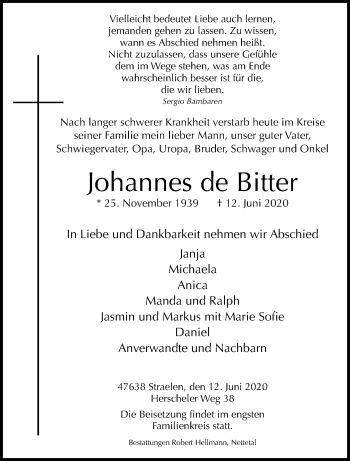 Traueranzeige von Johannes de Bitter von trauer.extra-tipp-moenchengladbach.de
