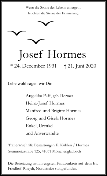 Traueranzeige von Josef Hormes von trauer.extra-tipp-moenchengladbach.de