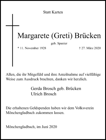 Traueranzeige von Margarete Brücken von trauer.extra-tipp-moenchengladbach.de