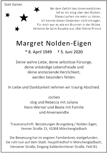 Traueranzeige von Margret Nolden-Eigen von trauer.extra-tipp-moenchengladbach.de