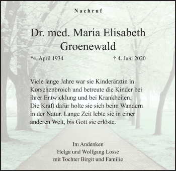 Traueranzeige von Maria Elisabeth Groenewald von trauer.extra-tipp-moenchengladbach.de