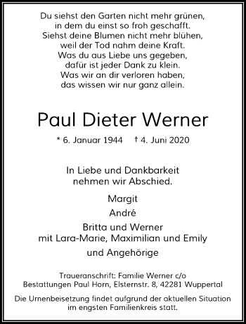 Traueranzeige von Paul Dieter Werner von trauer.wuppertaler-rundschau.de