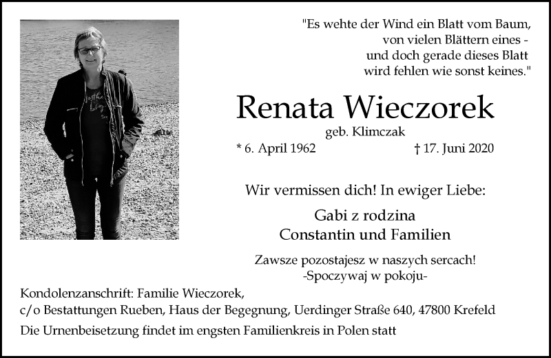  Traueranzeige für Renata Wieczorek vom 28.06.2020 aus trauer.mein.krefeld.de