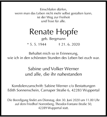 Traueranzeige von Renate Hopfe von trauer.wuppertaler-rundschau.de