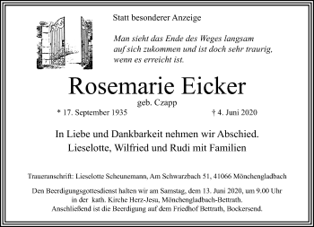 Traueranzeige von Rosemarie Eicker von trauer.extra-tipp-moenchengladbach.de