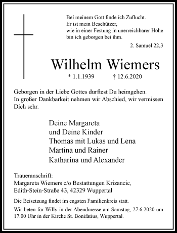 Traueranzeige von Wilhelm Wiemers von trauer.wuppertaler-rundschau.de