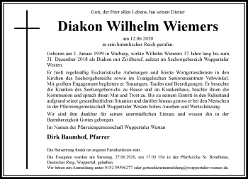 Traueranzeige von Wilhelm Wiemers von trauer.wuppertaler-rundschau.de