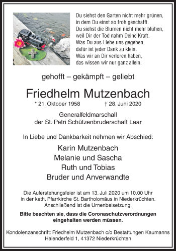 Traueranzeige von Friedhelm Mutzenbach von trauer.extra-tipp-moenchengladbach.de