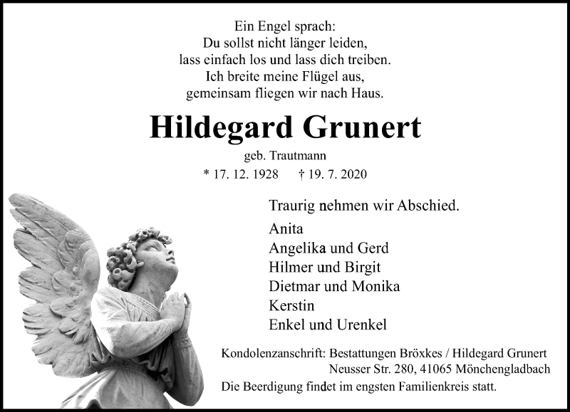  Traueranzeige für Hildegard Grunert vom 26.07.2020 aus trauer.extra-tipp-moenchengladbach.de