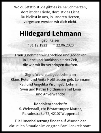 Traueranzeige von Hildegard Lehmann von trauer.wuppertaler-rundschau.de