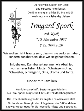 Traueranzeige von Irmgard Spork von trauer.extra-tipp-moenchengladbach.de