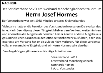 Traueranzeige von Josef Hormes von trauer.extra-tipp-moenchengladbach.de