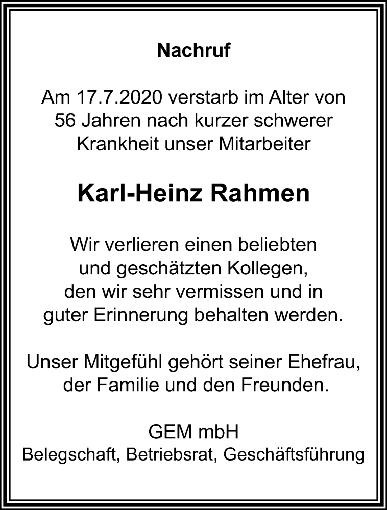  Traueranzeige für Karl-Heinz Rahmen vom 26.07.2020 aus trauer.extra-tipp-moenchengladbach.de