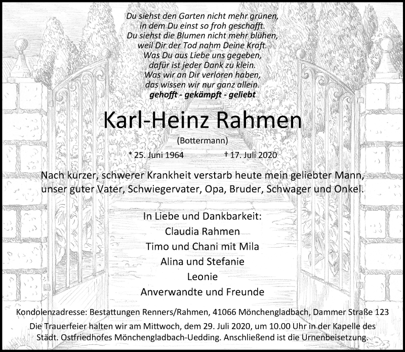  Traueranzeige für Karl-Heinz Rahmen vom 26.07.2020 aus trauer.extra-tipp-moenchengladbach.de