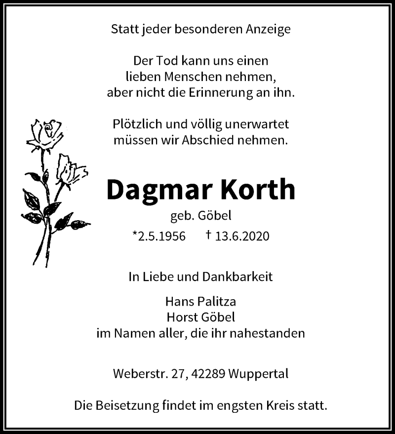  Traueranzeige für Dagmar Korth vom 08.08.2020 aus trauer.wuppertaler-rundschau.de
