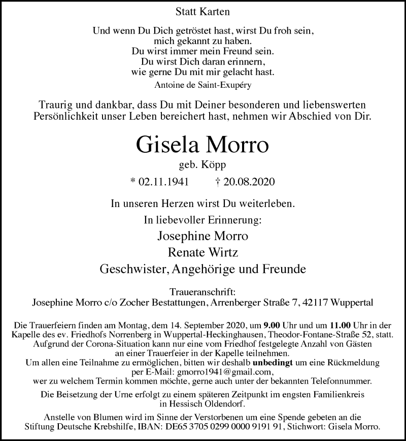  Traueranzeige für Gisela Morro vom 29.08.2020 aus trauer.wuppertaler-rundschau.de