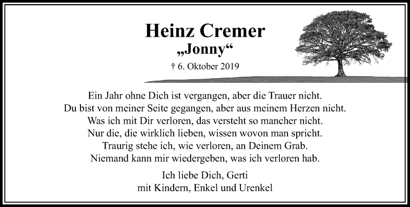  Traueranzeige für Heinz Cremer vom 27.09.2020 aus trauer.extra-tipp-moenchengladbach.de