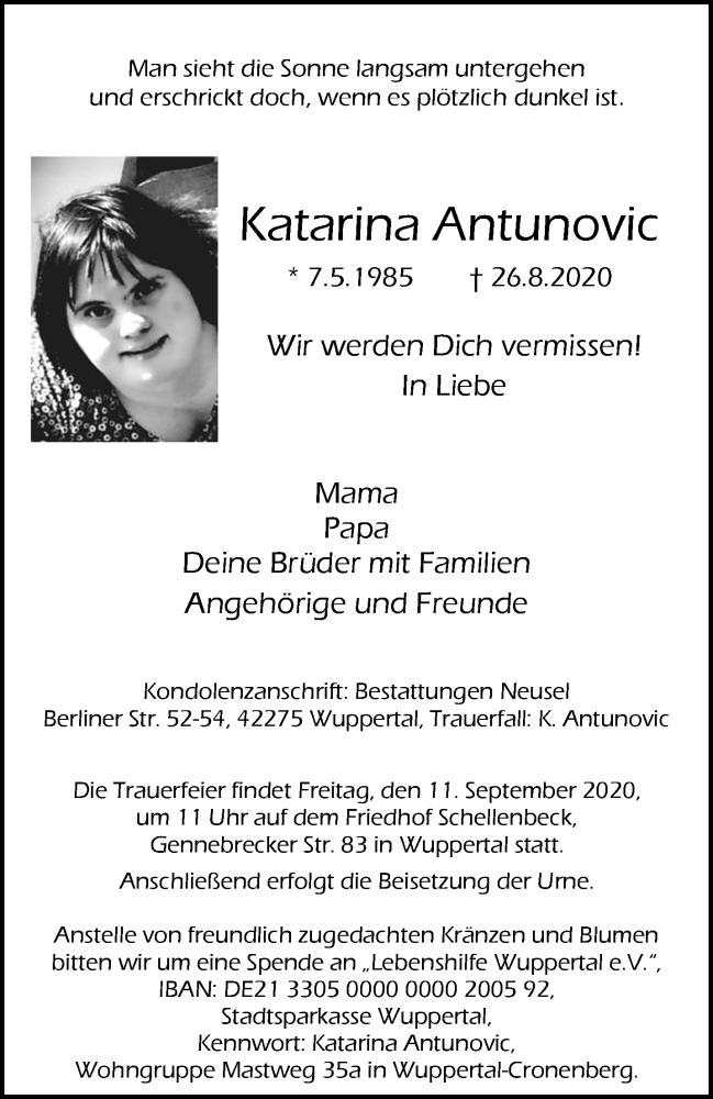  Traueranzeige für Katarina Antunovic vom 05.09.2020 aus trauer.wuppertaler-rundschau.de