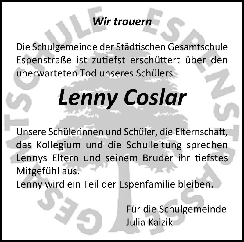 Traueranzeige für Lenny Coslar vom 06.09.2020 aus trauer.extra-tipp-moenchengladbach.de