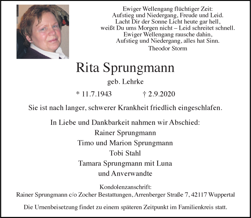  Traueranzeige für Rita Sprungmann vom 12.09.2020 aus trauer.wuppertaler-rundschau.de