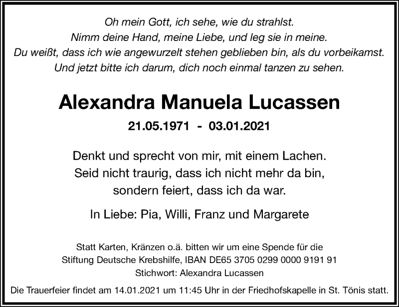  Traueranzeige für Alexandra Manuela Lucassen vom 10.01.2021 aus trauer.mein.krefeld.de