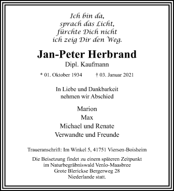 Traueranzeige von Jan-Peter Herbrand von trauer.extra-tipp-moenchengladbach.de