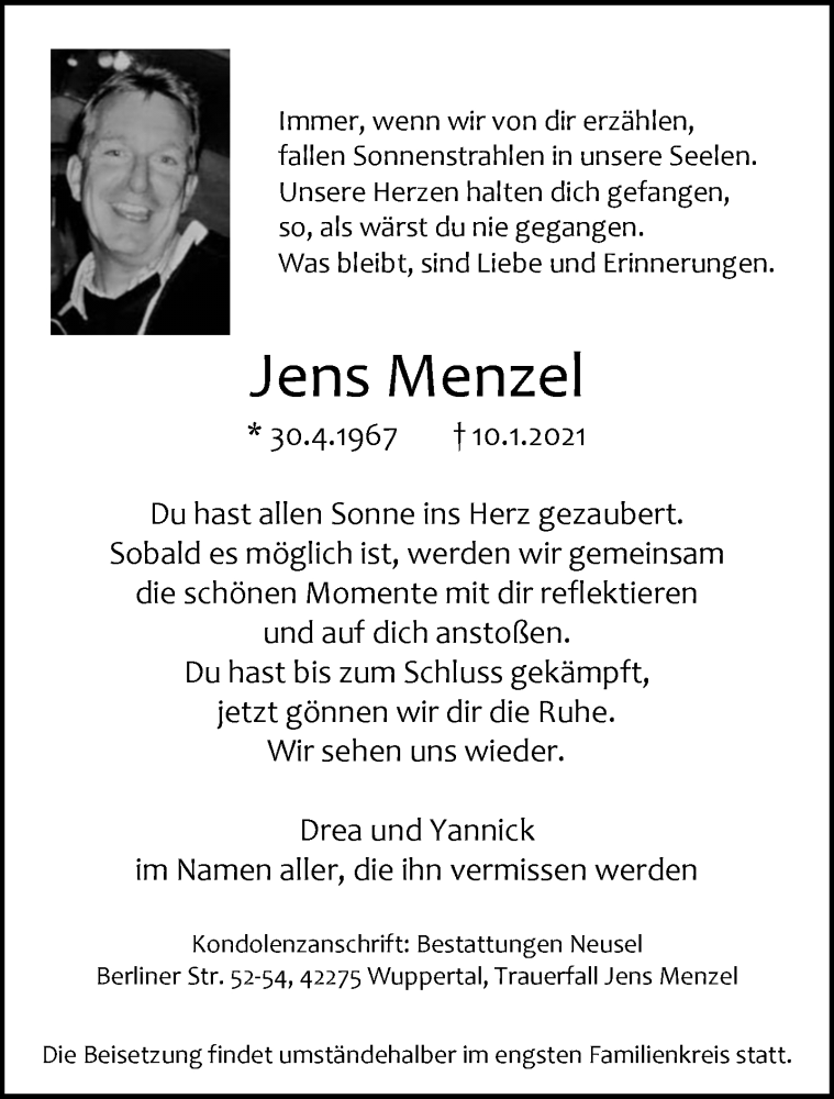  Traueranzeige für Jens Menzel vom 16.01.2021 aus trauer.wuppertaler-rundschau.de