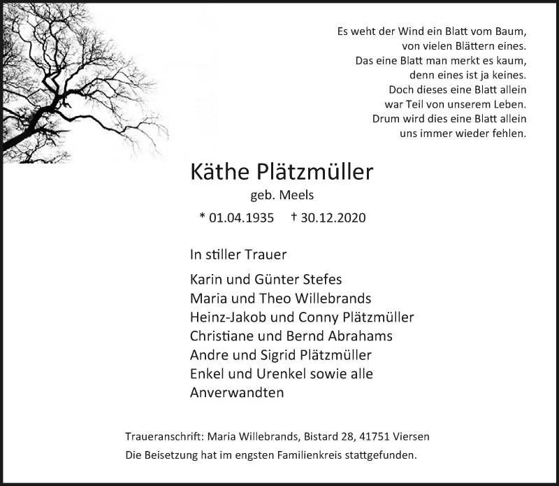  Traueranzeige für Käthe Plätzmüller vom 17.01.2021 aus trauer.extra-tipp-moenchengladbach.de