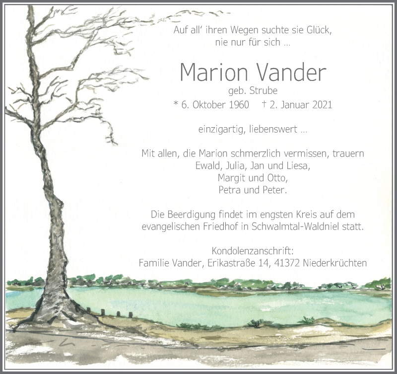  Traueranzeige für Marion Vander vom 10.01.2021 aus trauer.extra-tipp-moenchengladbach.de