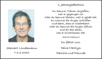 Traueranzeige von Stewart Lindemann von trauer.wuppertaler-rundschau.de