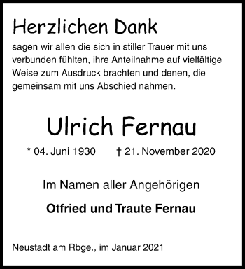 Traueranzeige von Ulrich Fernau von trauer.mein.krefeld.de